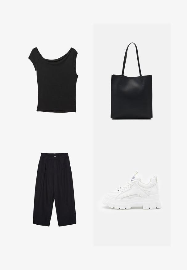 Crna majica kratkih rukava od glatkog materijala; ima drapirani izrez i asimetrični donji rub, uz prilagođeni kroj tijela.; Crne poliester hlače culotte s elastičnim pojasom, dva prednja nabora i širokim krojem. Nema vidljivih uzoraka ili metalnih detalja.; Bijele debele tenisice s teksturiranim gornjim dijelom, podstavljenim ovratnikom i debelim, rebrastim potplatom. Imaju kontrastne crne vezice i detalj s logotipom.; Crna kožna torba za nošenje s glatkom teksturom, pravokutnim oblikom i dvije duge ručke. Nema vidljivih metalnih dijelova ili ukrasa.