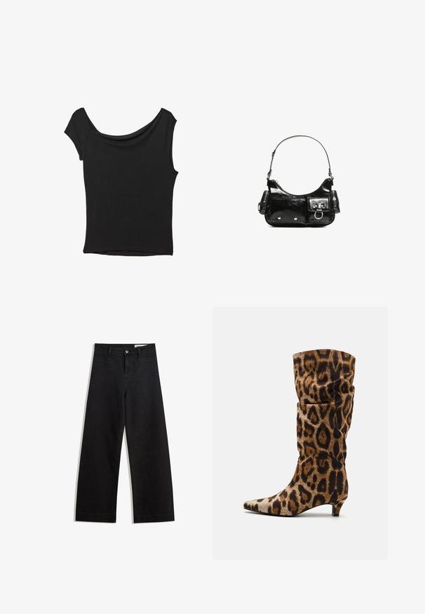 Svart kortärmad topp i slät tyg; har en draperad halsringning och asymmetrisk nederkant, med en figursydd kropp.; Svarta vida denimbyxor med hög midja, med fram- och bakfickor, sydda sömmar och knappstängning. Slät textur.; Ankelstövlettar i leopardmönster med spetsig tå, slapp silhuett och låg klack. Tillverkad av textil i nyanser av brunt och svart.; Svart lackläderhandväska med en rundad form, en axelrem, framfickor och detaljer i silverfärg.