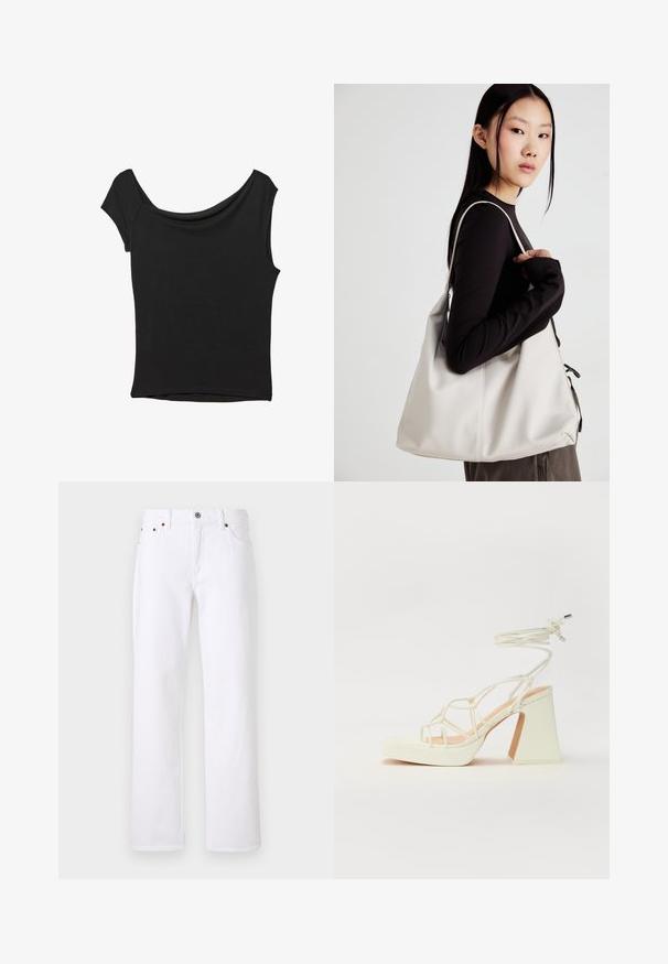 Črna kratka majica s kratkimi rokavi iz gladkega blaga; ima drapiran izrez in asimetrično spodnjo rob, s prilegnjenim telesom.; Beli denimske hlače s ravnim krojem, pet žepov in kovinskim gumbom za zapiranje. Vključujejo svetlo rjavo šivanje in vidne šive.; Bela sandala na visokih petah s debelim petam, ki ima obliko trakcev in vezanje okoli gležnja. Gladka tekstura z platformo spredaj za dodatno višino.; Bežna torbica iz mehkega materiala, z ohlapno zasnovo, šivi in dvema naramnicama. Primerna za vsakodnevno uporabo.