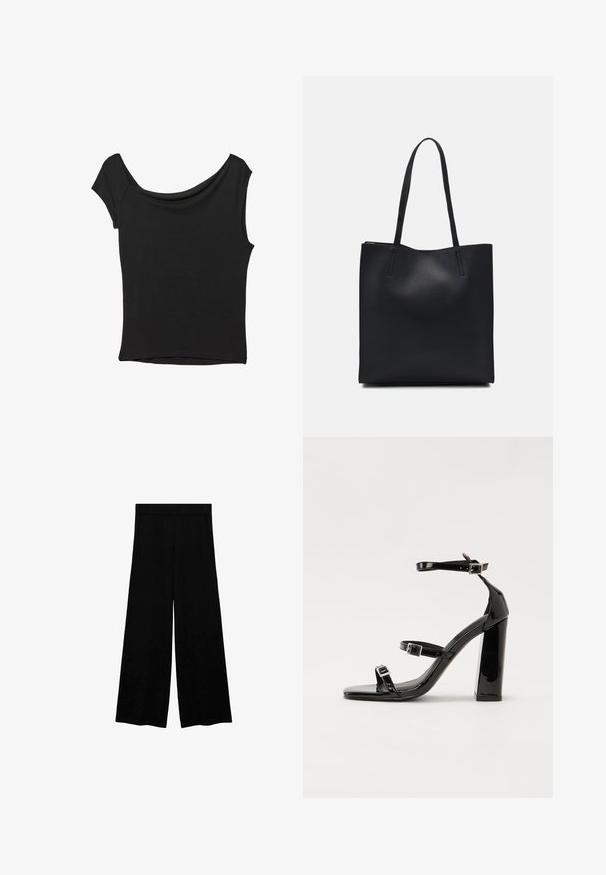 Crna majica kratkih rukava od glatkog materijala; ima drapirani izrez i asimetrični donji rub, uz prilagođeni kroj tijela.; Široke crne hlače s glatkom, mekanom teksturom. Imaju pojas srednje visine i nemaju vidljive džepove ili kopčanje.; Crne lakirane sandale na pete sa kvadratnim nosom, trakama oko gležnja i srebrnim kopčama. Imaju čvrst blok petu za stabilnost.; Crna kožna torba za nošenje s glatkom teksturom, pravokutnim oblikom i dvije duge ručke. Nema vidljivih metalnih dijelova ili ukrasa.