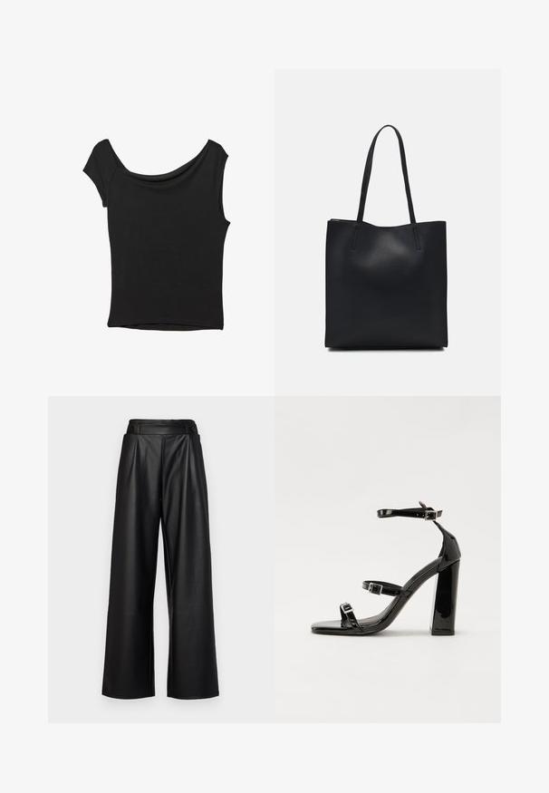 Crna majica kratkih rukava od glatkog materijala; ima drapirani izrez i asimetrični donji rub, uz prilagođeni kroj tijela.; Crne, široke kožne hlače s visokim strukom, nabranima i s dva kružna dugmeta sprijeda za zatvaranje.; Crne lakirane sandale na pete sa kvadratnim nosom, trakama oko gležnja i srebrnim kopčama. Imaju čvrst blok petu za stabilnost.; Crna kožna torba za nošenje s glatkom teksturom, pravokutnim oblikom i dvije duge ručke. Nema vidljivih metalnih dijelova ili ukrasa.