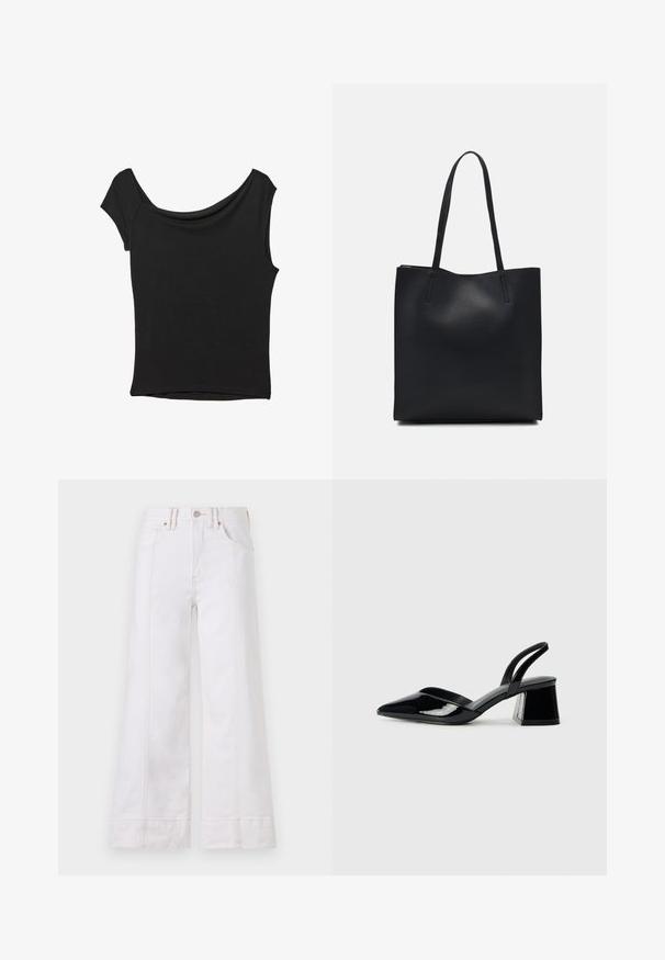Čierny krátky rukáv top vyrobený z hladkej tkaniny; má prehnutý výstrih a asymetrický lem, s priliehavým telom.; Biele džínsy s širokými nohavicami vyrobené z denimu, s viditeľným šitím, zapínaním na gombík a prednými vreckami. Tkanina má minimálnu textúru.; Čierne lakované kožené sandálové podpätky s špicatou špičkou a geometrickým blokovým podpätkom. Disponujú elegantným, minimalistickým dizajnom a hladkým povrchom.; Čierna kožená taška na rameno s hladkým povrchom, obdĺžnikovým tvarom a dvoma dlhými uchami. Bez viditeľného kovania alebo ozdôb.