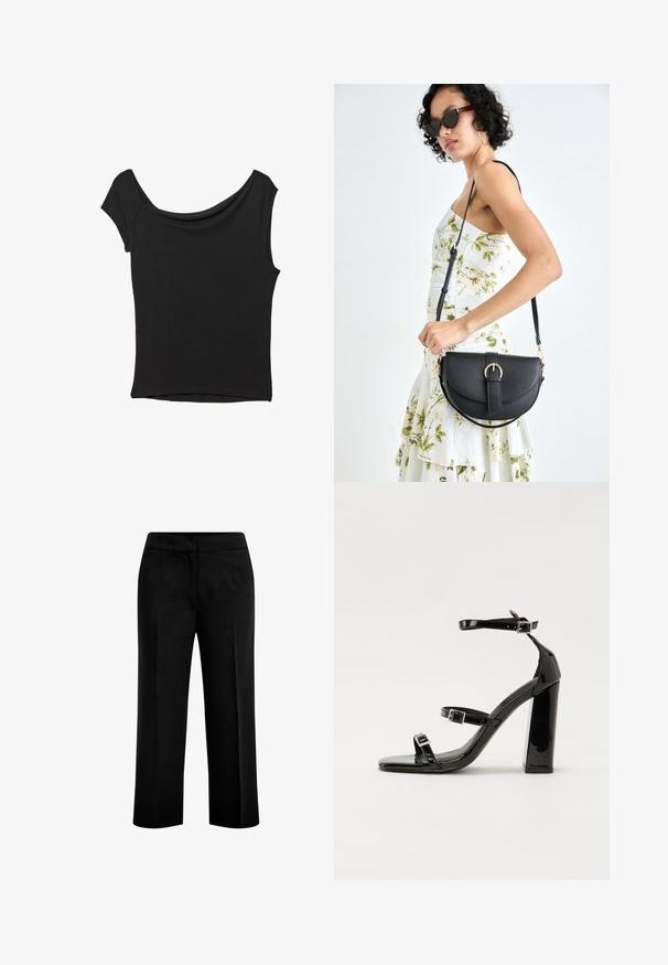 Črna kratka majica s kratkimi rokavi iz gladkega blaga; ima drapiran izrez in asimetrično spodnjo rob, s prilegnjenim telesom.; Črne široke hlače iz gladkega materiala z dvema sprednjima žepoma in ravnim pasom. Prilagojen kroj s čistim silhuetom.; Črne lakirane sandale s peto, kvadratnim prstom, trakovi okrog gležnja in srebrnimi zaponkami. Opremljene so s stabilno Debelo peto.; Črna usnjena torbica s ukrivljeno obliko, z odstranljivo naramnico in zlatimi dodatki. Torbica ima pokrov s podrobnostmi v obliki zaponke.