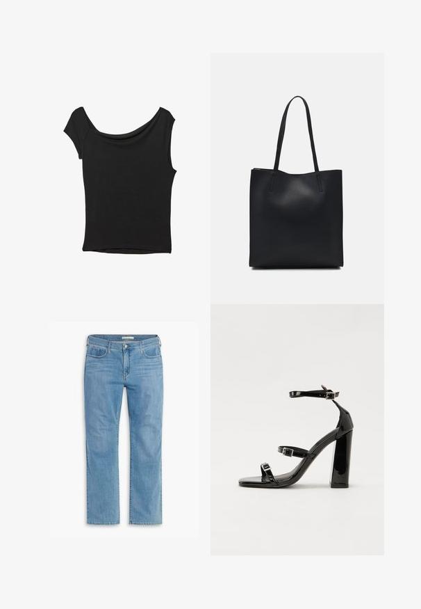 Černý krátký rukáv top vyrobený z hladké látky; má drapovaný výstřih a asymetrický lem, s přiléhavým střihem.; Světle modré džíny rovného střihu s pěti kapsami, zapínáním na knoflík a poutky na opasek, vyrobené z denimu s jemnou strukturou a mírným odřením.; Černé lakované sandály na podpatku se čtveratou špičkou, lýtkovými pásky a stříbrnými přezkami. Disponují masivním blokovým podpatkem pro stabilitu.; Černá kožená taška přes rameno s hladkým povrchem, obdélníkovým tvarem a dvěma dlouhými uchy. Žádné viditelné kování ani ozdoby.
