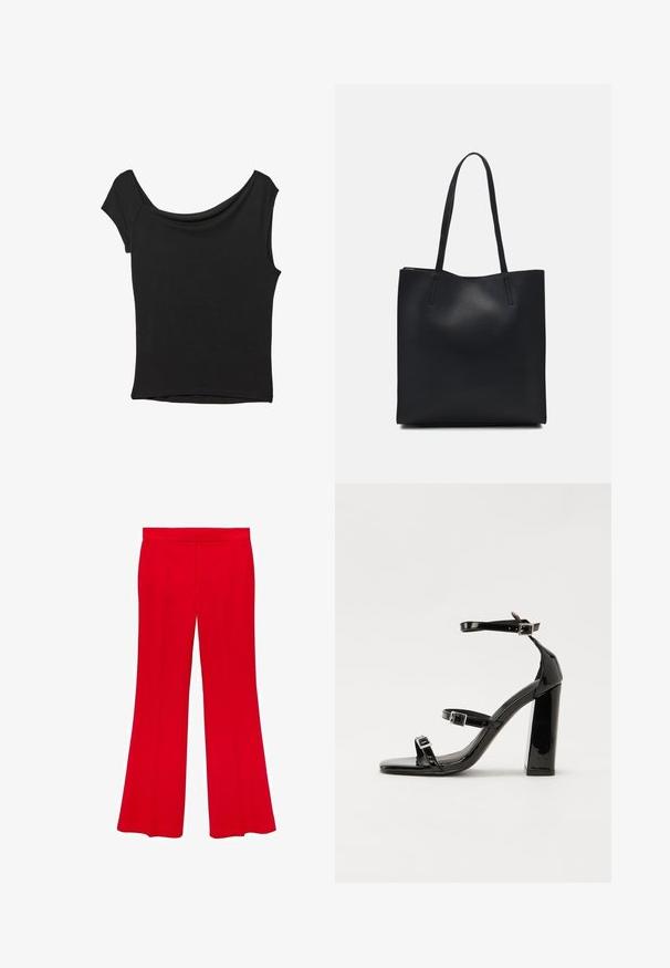 Black short-sleeve top made of smooth fabric; features a draped neckline and an asymmetrical hemline, with a fitted body.; Red flared trousers made from a smooth fabric with a high waistband and two front pockets. The design features clean lines and a tailored fit.; Black patent heeled sandals with a square toe, ankle straps, and silver buckles. Features a chunky block heel for stability.; Black leather tote bag with smooth texture, rectangular shape, and two long handles. No visible hardware or embellishments.
