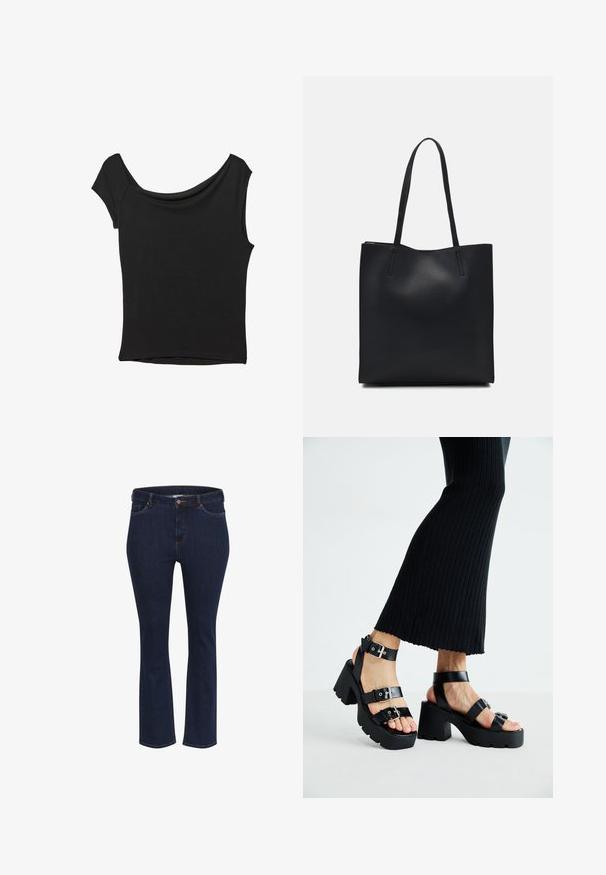 Schwarzes Kurzarmoberteil aus glattem Stoff; hat einen drapierten Ausschnitt und einen asymmetrischen Saum, mit einem figurbetonten Körper.; Blaue Jeans aus Denim mit geradem Schnitt, fünf Taschen, kontrastierenden Nähten und einem Metallknopfverschluss am Bund.; Schwarze Plattform-Sandalen mit robusten, profilierten Sohlen und mehreren Riemen, ausgestattet mit metallischen Schnallen und einer glatten, lederähnlichen Textur.; Schwarze Laptoptasche aus Leder mit glatter Textur, rechteckiger Form und zwei langen Griffen. Keine sichtbaren Beschläge oder Verzierungen.