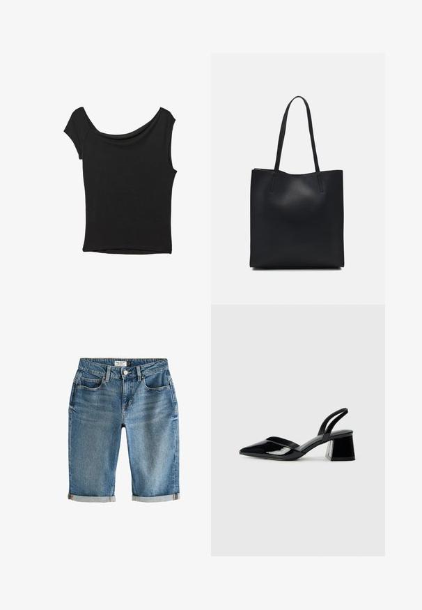 Crna majica kratkih rukava od glatkog materijala; ima drapirani izrez i asimetrični donji rub, uz prilagođeni kroj tijela.; Plavi traper hlače do koljena s preklopom na rubu, pet džepova i metalnim kopčanjem. Tkanina ima blago izbljeđeni izgled.; Crne lakirane kožne sandale s otvorenom petom i špicastim vrhom, s geometrijskom blok petom. Imaju elegantan, minimalistički dizajn i glatku teksturu.; Crna kožna torba za nošenje s glatkom teksturom, pravokutnim oblikom i dvije duge ručke. Nema vidljivih metalnih dijelova ili ukrasa.