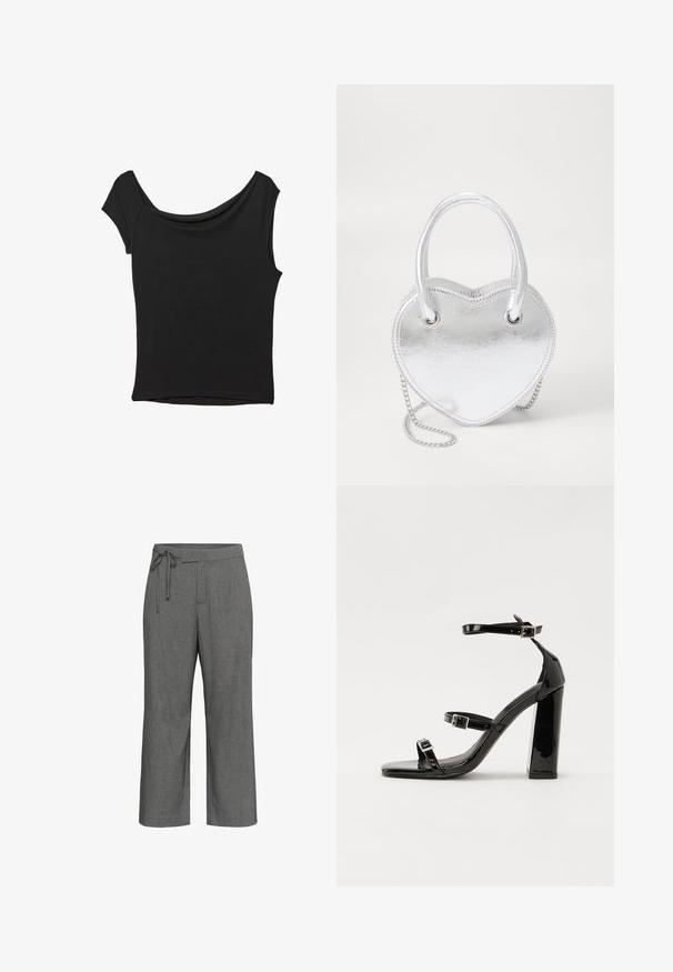Crna majica kratkih rukava od glatkog materijala; ima drapirani izrez i asimetrični donji rub, uz prilagođeni kroj tijela.; Sive široke hlače s suptilnim prugastim uzorkom, visoki struk i detalj u obliku vezice na pojasu.; Crne lakirane sandale na pete sa kvadratnim nosom, trakama oko gležnja i srebrnim kopčama. Imaju čvrst blok petu za stabilnost.; Srebrna metalik torbica u obliku srca s dvostrukim ručkama, lancem i glatkom teksturom. Sadrži metalne dijelove i šavove.