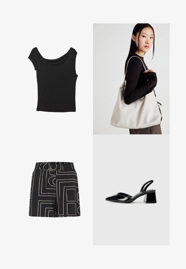 Top nero a maniche corte realizzato in tessuto liscio; presenta un colletto drappeggiato e un orlo asimmetrico, con una vestibilità aderente.; Pantaloni corti neri con una texture screpolata, caratterizzati da un motivo geometrico crema. Vita elastica per comfort e vestibilità rilassata.; Décolleté in vernice nera con punta affusolata e tacco in geometria cubica. Presentano un design elegante e minimalista, con una texture liscia.; Borsa a mano beige realizzata in materiale morbido, caratterizzata da un design morbido, dettagli cuciti e due manici. Adatta per l'uso quotidiano.
