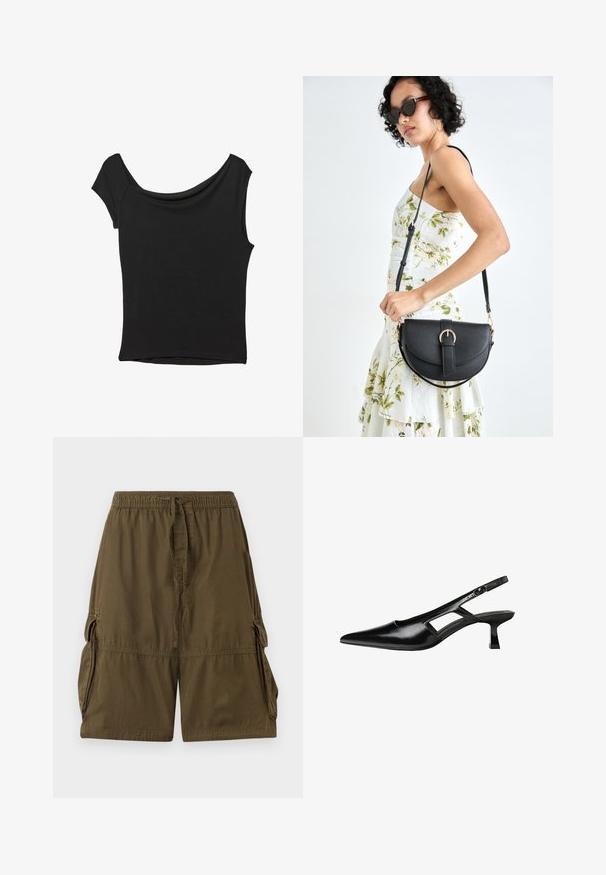 Svart kortärmad topp i slät tyg; har en draperad halsringning och asymmetrisk nederkant, med en figursydd kropp.; Olivgröna cargoshorts gjorda av lättviktsmaterial. Har resårmidja, dragsko och två sidofickor.; Svart lackläder slingback-klackar med spetsig tå, utskuren sidor och en liten fyrkantig klack. Slät textur med minimala accenter.; Svart läderhandväska med en böjd form, avtagbar rem och guldiga detaljer. Väskan har ett lock med en spänndetalj.