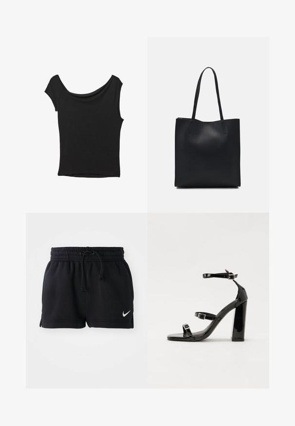 Črna kratka majica s kratkimi rokavi iz gladkega blaga; ima drapiran izrez in asimetrično spodnjo rob, s prilegnjenim telesom.; Črne atletske kratke hlače iz mehke tkanine, z elastičnim pasom in vrvico, stranskimi razporki ter majhnim belim logotipom na robu.; Črne lakirane sandale s peto, kvadratnim prstom, trakovi okrog gležnja in srebrnimi zaponkami. Opremljene so s stabilno Debelo peto.; Črna usnjena torba s svilnato teksturo, pravokotne oblike in dvema dolgima ročajema. Brez vidnih metalnih delov ali okrasnih elementov.