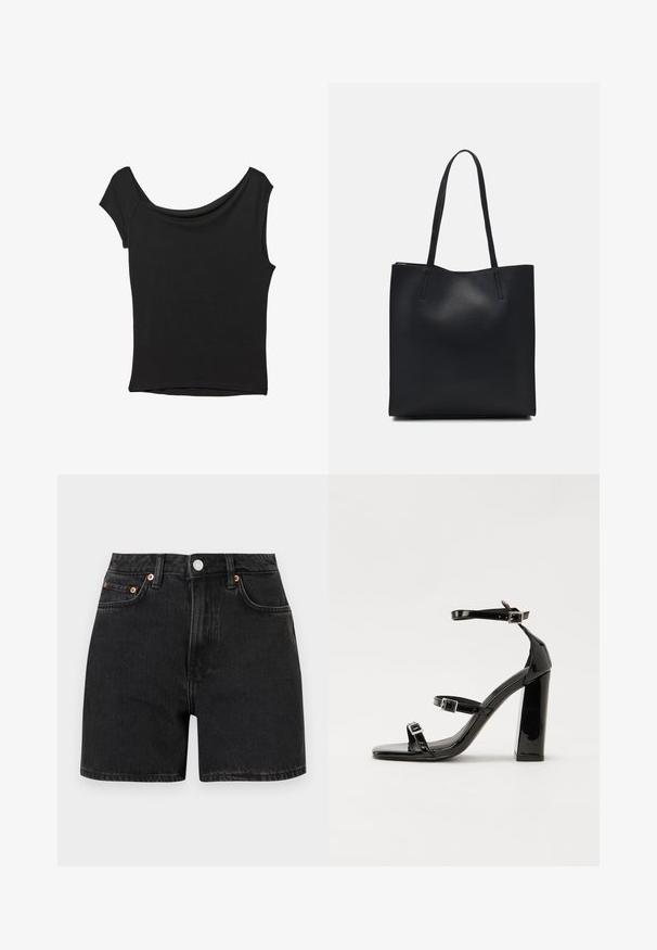 Czarna bluzka z krótkim rękawem, wykonana z gładkiego materiału; posiada dekolt w stylu drapowanym oraz asymetryczny dół, z dopasowanym krojem.; Czarne szorty dżinsowe z wysokim stanem, z miedzianymi guzikami i pięcioma kieszeniami. Gładka tekstura, prosty krój i podwinięte nogawki.; Czarne lakierowane sandały na obcasie z kwadratowym noskiem, z paskami wokół kostki i srebrnymi klamrami. Posiadają masywny słupek dla stabilności.; Czarna skórzana torba tote o gładkiej fakturze, prostokątnym kształcie i dwóch długich uchwytach. Brak widocznych elementów metalowych i ozdób.