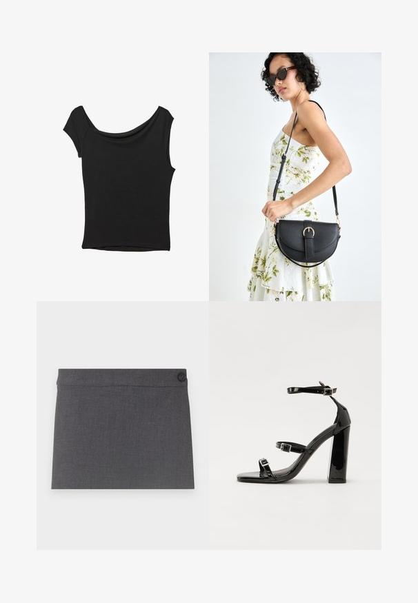 Black short-sleeve top made of smooth fabric; features a draped neckline and an asymmetrical hemline, with a fitted body.; Gray fabric skirt featuring a smooth texture, straight design, and a single black button on the waistband, with a clean and simple aesthetic.; Black patent heeled sandals with a square toe, ankle straps, and silver buckles. Features a chunky block heel for stability.; Black leather handbag with a curved shape, detachable strap, and gold hardware. The bag features a flap with a buckle detail.