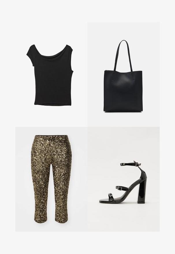 Čierny krátky rukáv top vyrobený z hladkej tkaniny; má prehnutý výstrih a asymetrický lem, s priliehavým telom.; Zlaté capri nohavice s flitrami, priliehavého strihu a elastickým pásom, s lesklým, textúrovaným povrchom, ktorý zachytáva svetlo.; Čierne lakované sandále na podpätku so štvorcovou špičkou, navlečenými remienkami okolo členku a striebornými prackami. Disponujú masívnym blokovým podpätkom pre stabilitu.; Čierna kožená taška na rameno s hladkým povrchom, obdĺžnikovým tvarom a dvoma dlhými uchami. Bez viditeľného kovania alebo ozdôb.