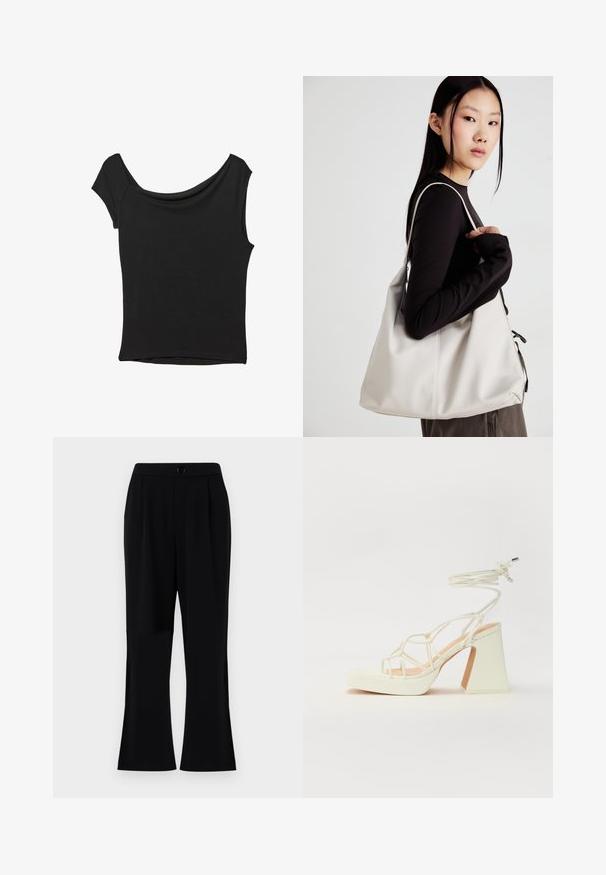 Čierny krátky rukáv top vyrobený z hladkej tkaniny; má prehnutý výstrih a asymetrický lem, s priliehavým telom.; Čierne nohavice s hladkou textúrou, rozšírenými nohavicami a pásom so zapínaním na gombík. Možno prať v práčke, navrhnuté pre pohodlie a všestrannosť.; Biele sandále na vysokom opätku s hrubým podpätkom, s pruhovaným dizajnom a viazaním na členku. Hladký povrch s platformou vpredu pre zvýšenú výšku.; Béžová kabelka vyrobená z mäkkého materiálu, s uvoľneným dizajnom, prišitými detailmi a dvoma popruhmi na nosenie na pleciach. Vhodná na každodenné nosenie.