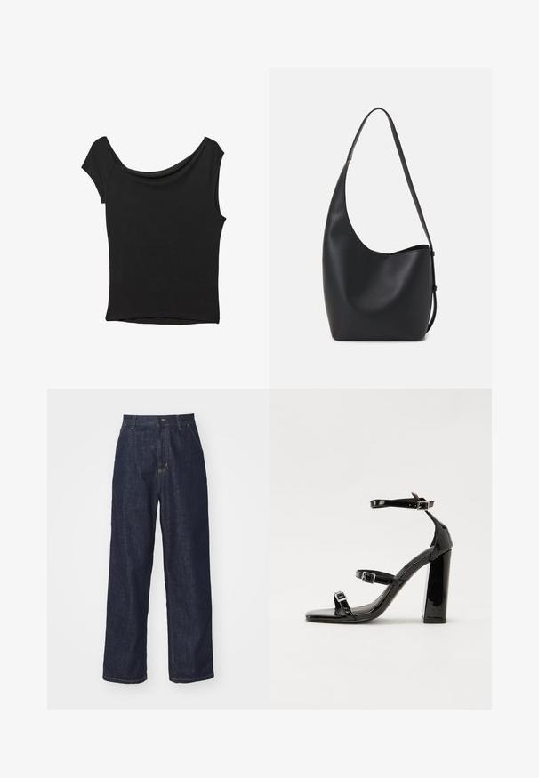 Čierny krátky rukáv top vyrobený z hladkej tkaniny; má prehnutý výstrih a asymetrický lem, s priliehavým telom.; Tmavomodré rifle s rovnými nohavicami, s pútkami na opasok, predným gombíkom a bočnými vreckami na bielom pozadí.; Čierne lakované sandále na podpätku so štvorcovou špičkou, navlečenými remienkami okolo členku a striebornými prackami. Disponujú masívnym blokovým podpätkom pre stabilitu.; Čierna kožená hobo taška so hladkou textúrou, zakriveným tvarom a jedným nastaviteľným popruhom; má široké otvorenie na vrchu.