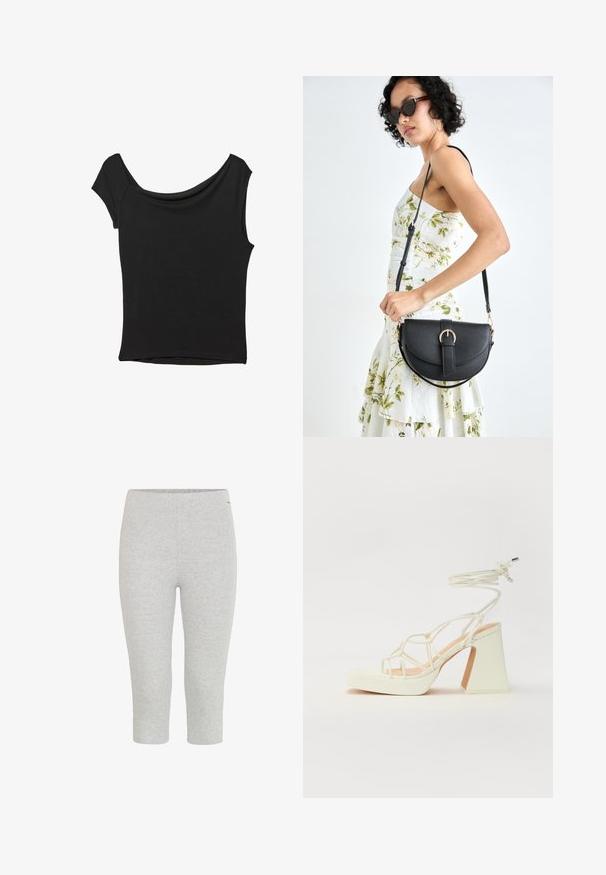 Svart kortärmad topp i slät tyg; har en draperad halsringning och asymmetrisk nederkant, med en figursydd kropp.; Grå stretchiga caprileggings med en slät textur och resårmidja, med en åtsittande design och utan synliga mönster eller detaljer.; Vit högklackad sandal med en kraftig klack, med ett remdesign och ankelband. Slät textur med en plattform framtill för ökad höjd.; Svart läderhandväska med en böjd form, avtagbar rem och guldiga detaljer. Väskan har ett lock med en spänndetalj.