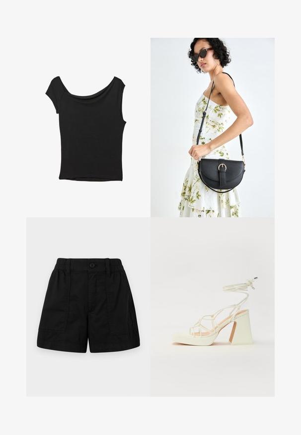 Black short-sleeve top made of smooth fabric; features a draped neckline and an asymmetrical hemline, with a fitted body.; Black cotton shorts with an elastic waistband and a button closure, featuring two front pockets and a straight cut. Smooth texture.; White high-heeled sandal with a chunky heel, featuring a strappy design and ankle tie. Smooth texture with a platform front for added height.; Black leather handbag with a curved shape, detachable strap, and gold hardware. The bag features a flap with a buckle detail.