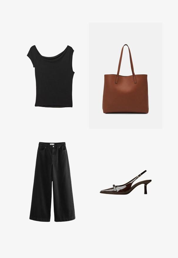 Schwarzes Kurzarmoberteil aus glattem Stoff; hat einen drapierten Ausschnitt und einen asymmetrischen Saum, mit einem figurbetonten Körper.; Schwarze, weit geschnittene Jeans aus Denim, mit hoher Taille, fünf Taschen und einem klaren Finish. Der Stoff hat eine glatte Textur und minimale Akzente.; Braune Lackleder-Slingback-Schuhe mit spitzem Zehenbereich, niedrigem Absatz und einer dekorativen Schleifenakzent an der Vorderseite. Glatte, glänzende Textur.; Braune Leder-Tote mit glatter Textur, offenem Oberteil und zwei Schulterriemen. Verfügt über minimale Nähte und keine sichtbaren Beschläge.