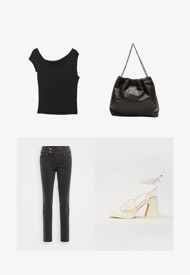 Črna kratka majica s kratkimi rokavi iz gladkega blaga; ima drapiran izrez in asimetrično spodnjo rob, s prilegnjenim telesom.; Črne kordirane hlače slim-fit z gladko teksturo, ki imajo pas z dvema gumboma in sprednjimi žepi. Klasičen dizajn za vsestransko nošenje.; Bela sandala na visokih petah s debelim petam, ki ima obliko trakcev in vezanje okoli gležnja. Gladka tekstura z platformo spredaj za dodatno višino.; Rjava usnjena torba z nabranim vrhom in verižnim trakom. Gladka tekstura z sijajno površino in subtilnimi šivi na straneh.