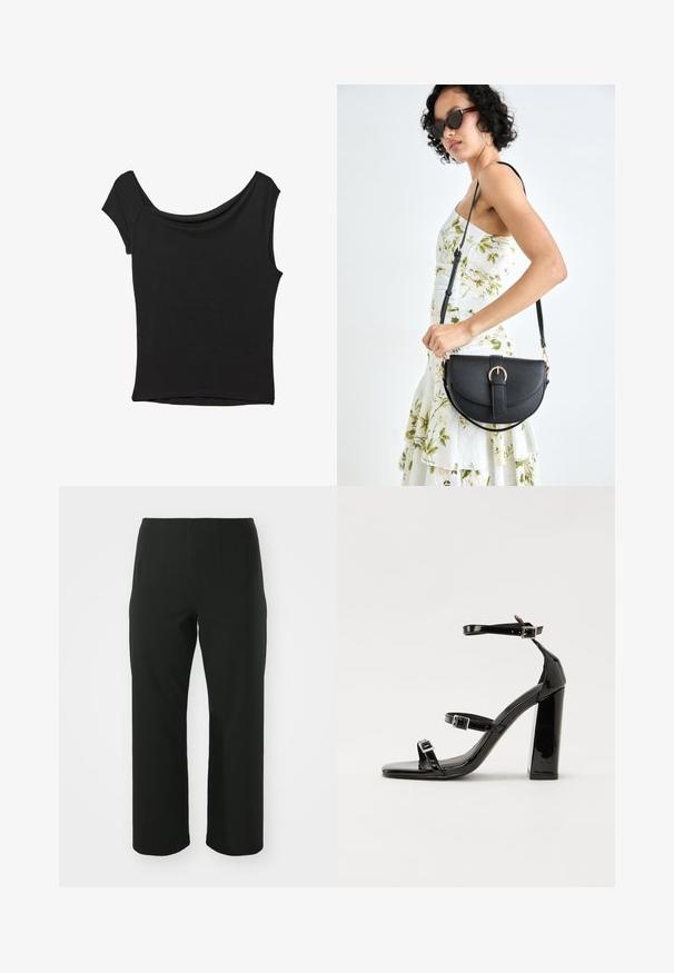 Black short-sleeve top made of smooth fabric; features a draped neckline and an asymmetrical hemline, with a fitted body.; Vero Moda Curve VMCAUGUSTA PANT - Trousers - black; Black patent heeled sandals with a square toe, ankle straps, and silver buckles. Features a chunky block heel for stability.; Black leather handbag with a curved shape, detachable strap, and gold hardware. The bag features a flap with a buckle detail.