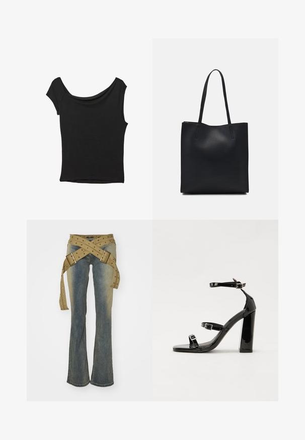 Sort kortærmet top lavet af glat stof; har en draperet halsudskæring og en asymmetrisk kant, med en tætsiddende pasform.; Jaded London STRAP UP STONEWASH - Jeans Bootcut - hellblau; Sorte patenterede hælsandaler med firkantet tå, ankelremme og sølvspænder. Har en chunky blokHæl for stabilitet.; Sort læder tote taske med glat tekstur, rektangulær form og to lange hanke. Ingen synlig hardware eller udsmykninger.