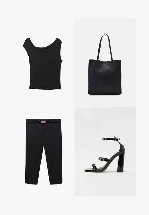 Sort kortærmet top lavet af glat stof; har en draperet halsudskæring og en asymmetrisk kant, med en tætsiddende pasform.; Sorte bukser med en skræddersyet pasform, der har en glat tekstur, flad front, sidelommer og et slankt bælte med en metallisk spænde.; Sorte patenterede hælsandaler med firkantet tå, ankelremme og sølvspænder. Har en chunky blokHæl for stabilitet.; Sort læder tote taske med glat tekstur, rektangulær form og to lange hanke. Ingen synlig hardware eller udsmykninger.