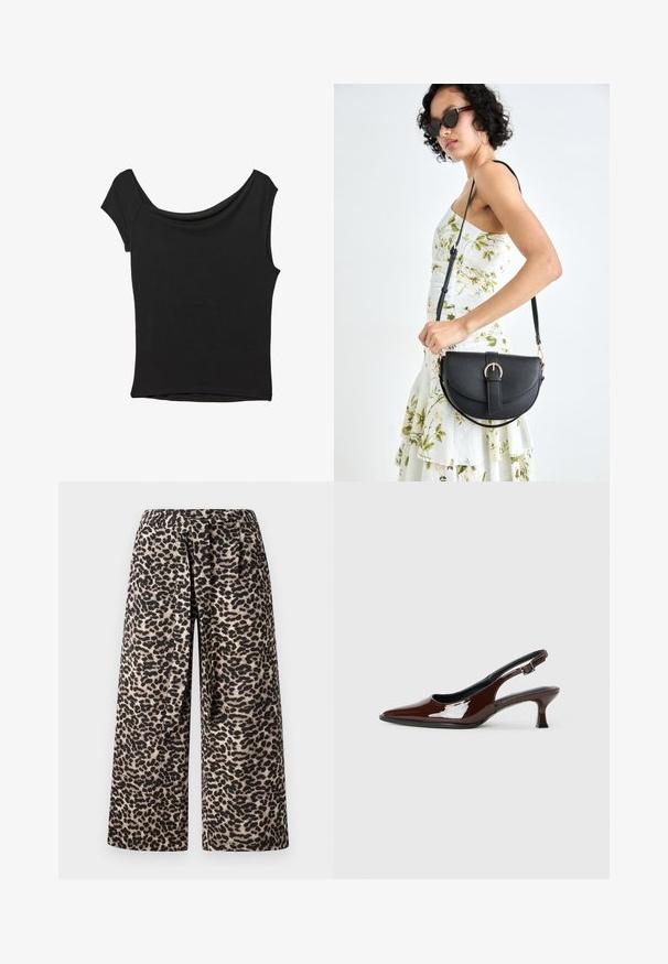 Crna majica kratkih rukava od glatkog materijala; ima drapirani izrez i asimetrični donji rub, uz prilagođeni kroj tijela.; Hlače širokog kroja u uzorku leopard, s crno-bež kombinacijom boja, mekanim materijalom i elastičnom upravnom trakom za udobnost.; Smeđe patentne kožne cipele s otvorenom petom, špicastim vrhom i umjerenom petom. Imaju remen s kopčom za sigurno pristajanje. Glatka tekstura.; Crna kožna torba s lukovitim oblikom, odvojivim remenom i zlatnim detaljima. Torba ima preklop s kopčom.