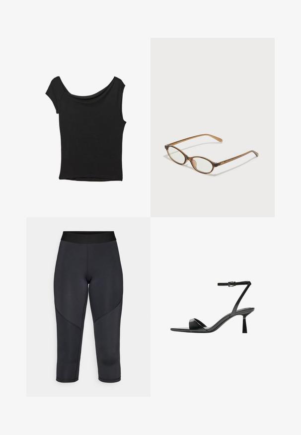 Černý krátký rukáv top vyrobený z hladké látky; má drapovaný výstřih a asymetrický lem, s přiléhavým střihem.; Černé legíny na tři čtvrtě, vyrobené z elastického materiálu, s hladkou texturou, vysokým pasem a zakřiveným švem.; Bershka Sandály na vysokém podpatku - black; Hnědé želvovinové brýle s oválnými skly, tenkými bočními nohami a průhlednými akcenty. Obsahují decentní logo na stranu. Elegantní, lehký design.