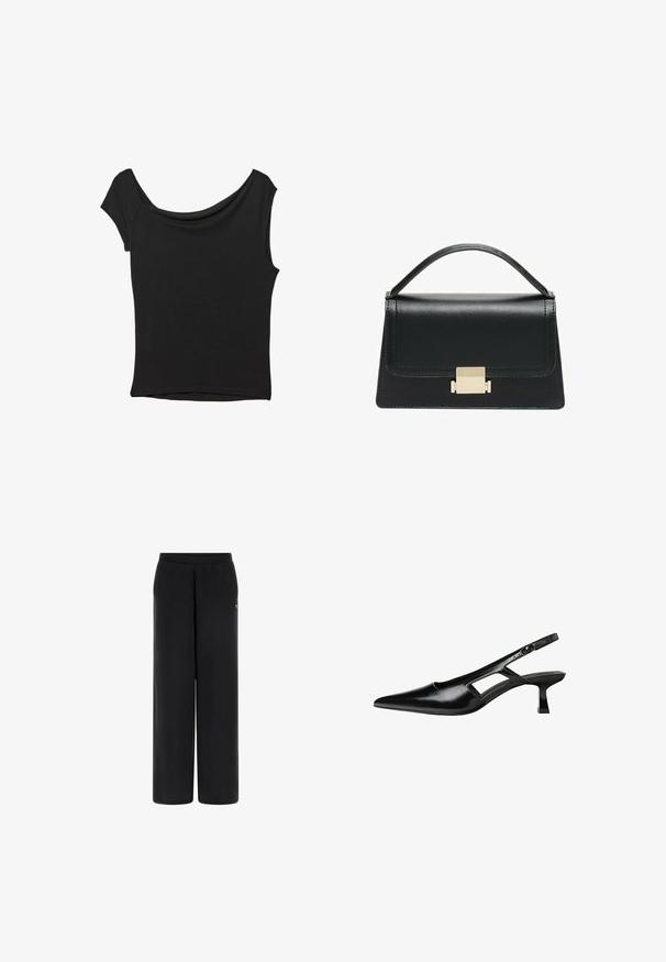 Top nero a maniche corte realizzato in tessuto liscio; presenta un colletto drappeggiato e un orlo asimmetrico, con una vestibilità aderente.; Pantaloni neri a gamba larga realizzati in tessuto morbido con vita elastica. Presentano un piccolo logo sul lato sinistro. Texture liscia e forma sartoriale.; Tacchi slingback in pelle verniciata nera con punta affusolata, design con tagli laterali e tacco quadrato piccolo. Texture liscia con dettagli minimi.; Borsa a tracolla in pelle nera con design strutturato, manico superiore e dettaglio in metallo dorato sulla parte frontale. Texture liscia, cuciture minime.