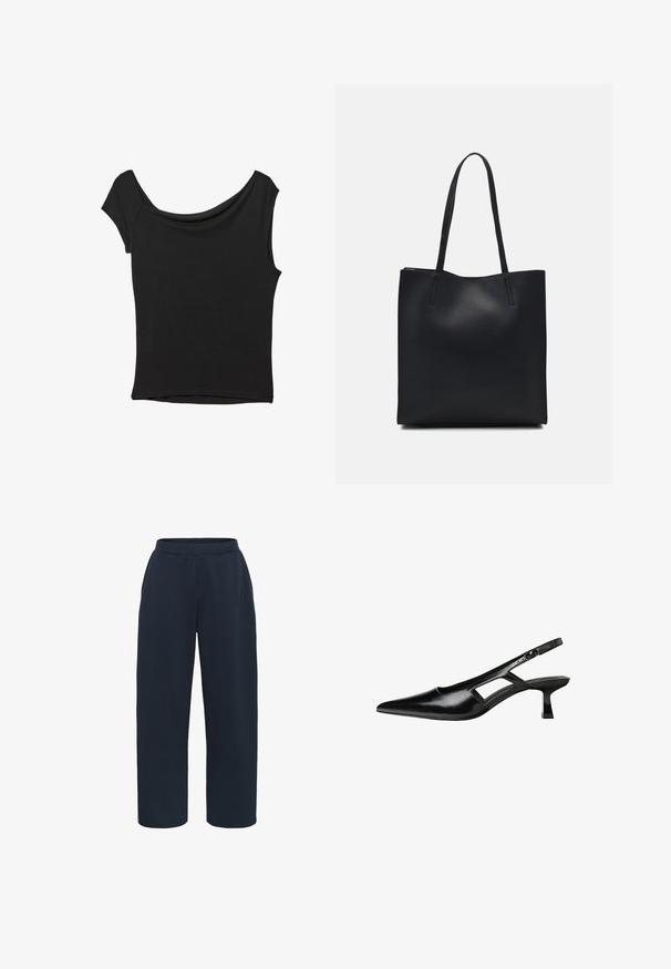 Musta lyhythihainen paita, joka on valmistettu sileästä kankaasta; siinä on laskeutuva kaula-aukko ja epäsymmetrinen helma, sekä istuva malli.; Kaffe Verryttelyhousut - midnight marine; Mustat lakatut nahkakengät, joissa on viistopää, leikattu sivusuunnassa ja pieni neliökoroke. Sujuva pinta, jossa on minimaalinen koristelu.; Mustapahkainen kangaskassi, jossa on sileä pinta, suorakaiteen muotoinen ja kaksi pitkää kahvaa. Ei näkyvää metalliosaa tai koristeita.