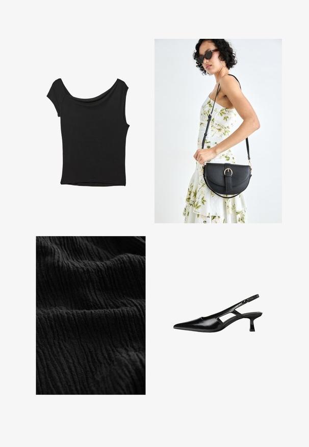 Czarna bluzka z krótkim rękawem, wykonana z gładkiego materiału; posiada dekolt w stylu drapowanym oraz asymetryczny dół, z dopasowanym krojem.; Czarny, pomarszczony materiał o fakturowej powierzchni, z głębokimi rowkami i różnymi odcieniami, tworzącymi wrażenie trójwymiarowości.; Czarne lakierowane czółenka na odkrytej pięcie z wąskim noskiem, z wykrojem po bokach i małym kwadratowym obcasem. Gładka faktura z minimalnymi akcentami.; Czarna skórzana torebka o zakrzywionym kształcie, z odpinanym paskiem i złotymi akcentami. Torebka posiada klapę z zapięciem w kształcie klamry.