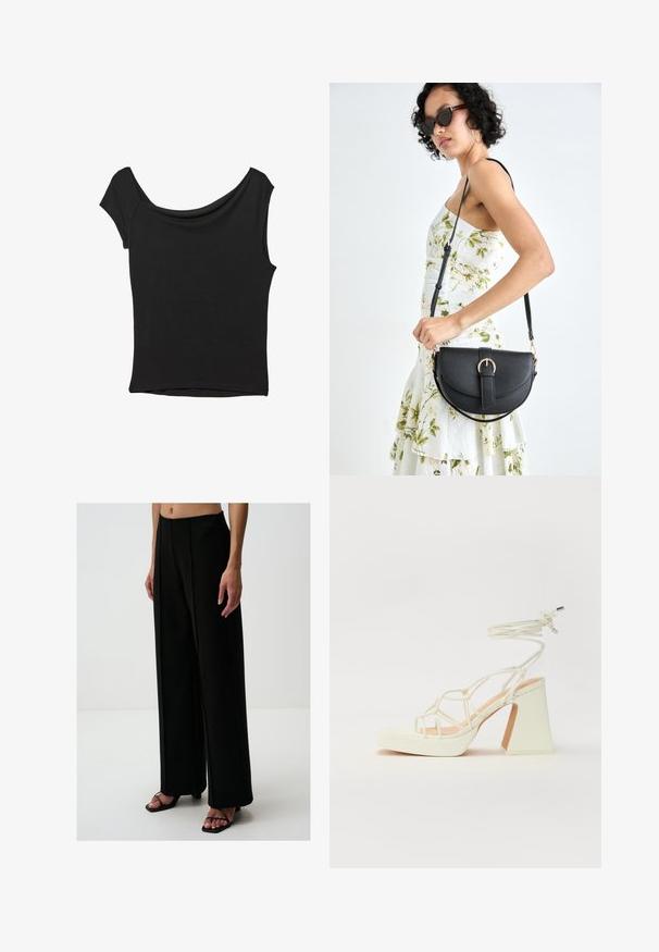 Czarna bluzka z krótkim rękawem, wykonana z gładkiego materiału; posiada dekolt w stylu drapowanym oraz asymetryczny dół, z dopasowanym krojem.; Szerokie czarne spodnie wykonane z gładkiego materiału, z przednimi zakładkami i wysokim stanem. Połączone z czarnymi sandałami na paski.; Biała sandał na wysokim obcasie z masywnym słupkiem, z paskowym wzorem i wiązaniem przy kostce. Gładka faktura z platformą z przodu dla dodatkowej wysokości.; Czarna skórzana torebka o zakrzywionym kształcie, z odpinanym paskiem i złotymi akcentami. Torebka posiada klapę z zapięciem w kształcie klamry.