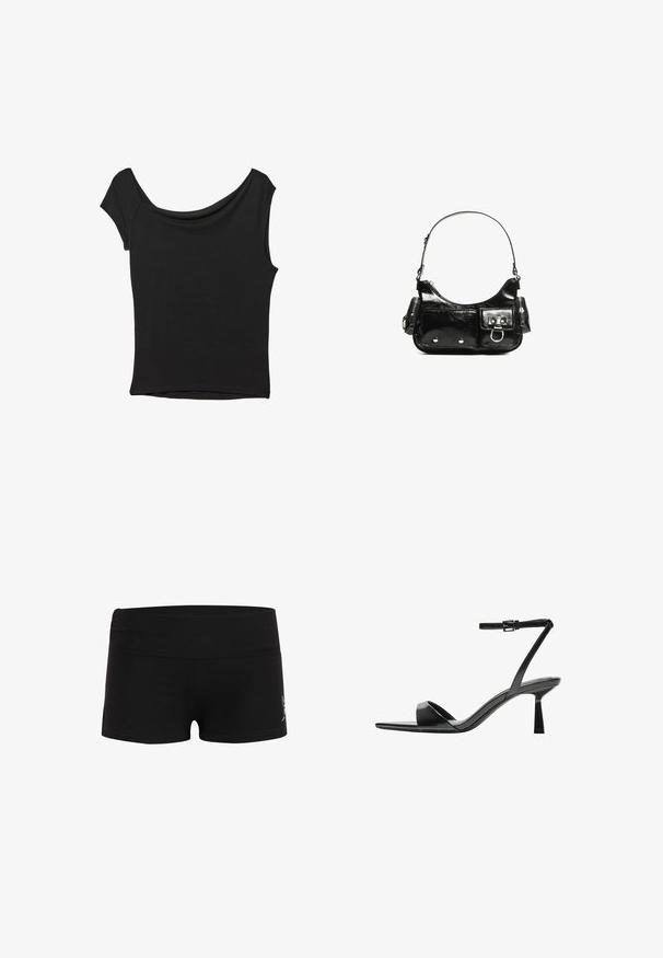 Sort kortærmet top lavet af glat stof; har en draperet halsudskæring og en asymmetrisk kant, med en tætsiddende pasform.; Ed Hardy MINI FOLD OVER - Shorts - black; Bershka Højhælede sandaletter / Højhælede sandaler - black; Sort patenteret læder håndtaske med en buet form, en skulderrem, frontlommer og hardware accenter i sølvfarve.