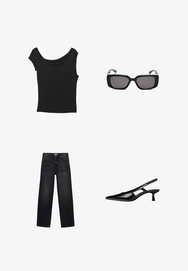 Črna kratka majica s kratkimi rokavi iz gladkega blaga; ima drapiran izrez in asimetrično spodnjo rob, s prilegnjenim telesom.; Črne široke jeans hlače iz denima. Imajo pet žepov, zadrgo s gumbom in diskretno bledenje na sprednji strani.; Črne patentični usnjeni salonarji s slingback designom, z zašiljenim nosom, izrezanim stranskim dizajnom in majhnim kvadratnim peto. Gladka tekstura z minimalnimi detajli.; Črne pravokotne sončne očala z temnimi lečami, gladkim plastičnim okvirjem in ukrivljenimi nogicami. Oblika je robustna in minimalistična.