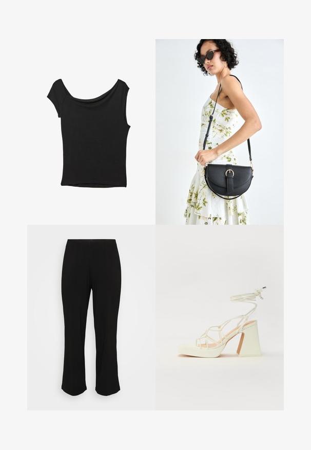 Top nero a maniche corte realizzato in tessuto liscio; presenta un colletto drappeggiato e un orlo asimmetrico, con una vestibilità aderente.; Pantaloni neri a palazzo con finitura liscia e dettagli di piegatura sottili, esposti su uno sfondo bianco uniforme.; Sandalo bianco con tacco alto, caratterizzato da un design a cinturini e un legaccio alla caviglia. Texture liscia con una piattaforma frontale per un'altezza aggiuntiva.; Borsa a tracolla nera in pelle con una forma curva, manico rimovibile e accessori dorati. La borsa presenta una patta con un dettaglio a fibbia.