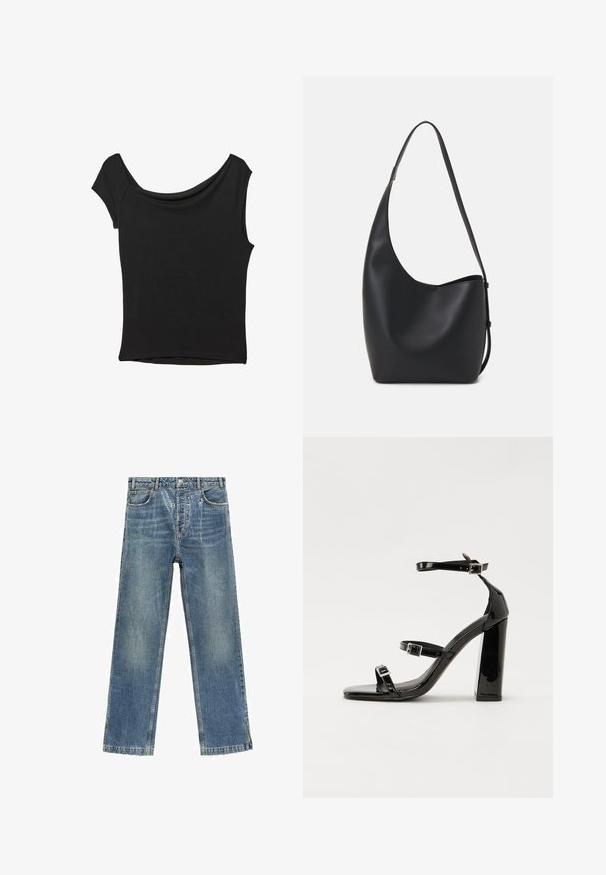 Črna kratka majica s kratkimi rokavi iz gladkega blaga; ima drapiran izrez in asimetrično spodnjo rob, s prilegnjenim telesom.; Svetlo modri traper jeans širokega kroja, z zbledelim videzom, subtilnimi vzorčnimi detajli in strganim robom.; Črne lakirane sandale s peto, kvadratnim prstom, trakovi okrog gležnja in srebrnimi zaponkami. Opremljene so s stabilno Debelo peto.; Črna usnjena hobo torba z gladko teksturo, ukrivljeno obliko in eno nastavljivo naramnico; ima širok odprtina na vrhu.