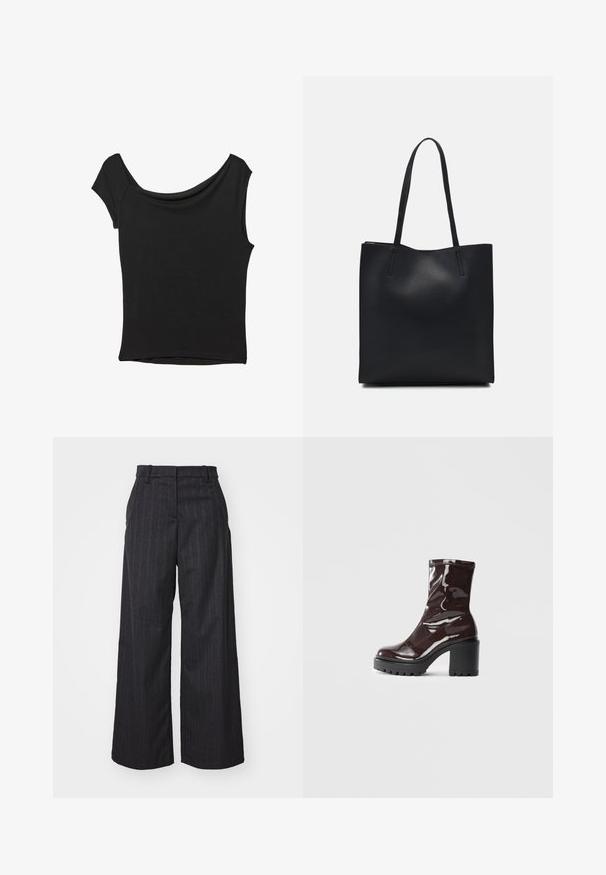 Črna kratka majica s kratkimi rokavi iz gladkega blaga; ima drapiran izrez in asimetrično spodnjo rob, s prilegnjenim telesom.; Široke hlače iz temno sive tkanine z navpičnimi črtami, ki imajo prilega pas in diskretne plise spredaj.; Sijajan škrlatank z bleščečim videzom, z masivnim črnim peto, ki se ponaša z gladko teksturo in preprostim dizajnom. Brez vidnih zapenjal ali vzorcev.; Črna usnjena torba s svilnato teksturo, pravokotne oblike in dvema dolgima ročajema. Brez vidnih metalnih delov ali okrasnih elementov.