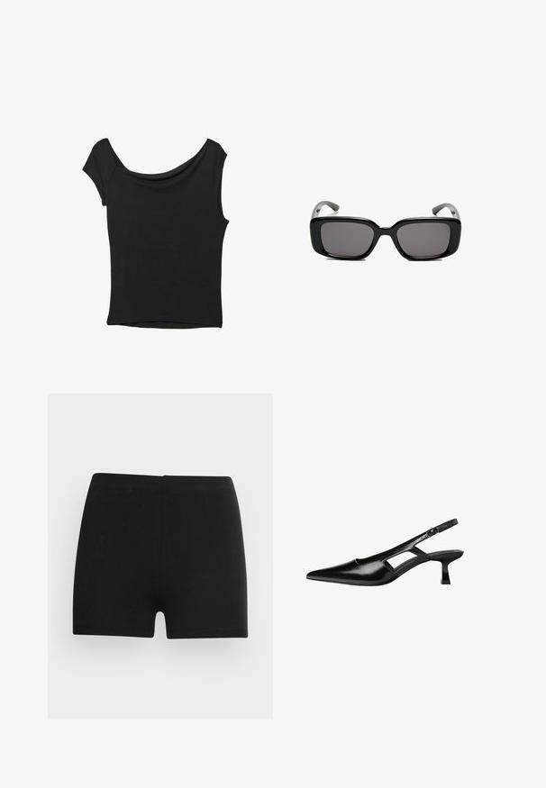 Musta lyhythihainen paita, joka on valmistettu sileästä kankaasta; siinä on laskeutuva kaula-aukko ja epäsymmetrinen helma, sekä istuva malli.; Musta puuvillahousut, joissa on tiukka malli ja joustava vyötärö. Sileä rakenne, reiden keskiväliin ulottuva pituus, eikä näkyviä kuvioita tai korostuksia.; Mustat lakatut nahkakengät, joissa on viistopää, leikattu sivusuunnassa ja pieni neliökoroke. Sujuva pinta, jossa on minimaalinen koristelu.; Mustat suorakulmaiset aurinkolasit tummilla linsseillä, sileä muovikehys ja kaarevat templet. Suunnittelu on jykevä ja minimalistinen.
