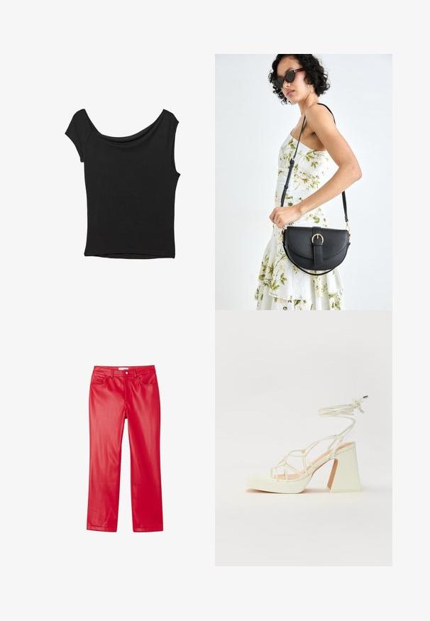 Svart kortärmad topp i slät tyg; har en draperad halsringning och asymmetrisk nederkant, med en figursydd kropp.; Röda faux läderbyxor med en stilren design, rak benform, fem fickor och en slät, glänsande yta.; Vit högklackad sandal med en kraftig klack, med ett remdesign och ankelband. Slät textur med en plattform framtill för ökad höjd.; Svart läderhandväska med en böjd form, avtagbar rem och guldiga detaljer. Väskan har ett lock med en spänndetalj.