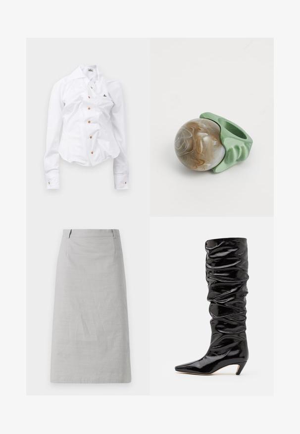 Camisa blanca de manga larga con un diseño ajustado. Presenta un gran cuello, cierre frontal con botones marrones y un pequeño logotipo bordado.; Falda de lápiz gris con una textura suave, forma ajustada y cinturilla plana, con costuras laterales y sin patrones ni acentos visibles.; Botín negro y brillante hasta la rodilla con textura fruncida, punta afilada y tacón cónico bajo. Material liso con un brillo sutil.; Esfera marrón veteada encerrada en un soporte verde texturizado, que presenta un diseño curvado único con un recorte para un dedo.