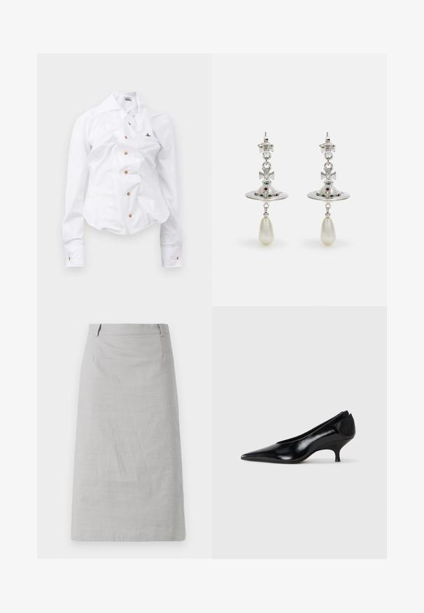 Biała koszula z długim rękawem o dopasowanym kroju. Posiada dużą kołnierz, zapięcie na guziki z przodu z brązowymi guzikami oraz małe haftowane logo.; Szara spódnica ołówkowa o gładkiej fakturze, dopasowanym kroju i płaskim pasie, z bocznymi szwami i bez widocznych wzorów lub akcentów.; Czarne skórzane szpilki z ostrym noskiem, niskim obcasem, eleganckim designem i gładką fakturą. Posiadają styl wsuwany, bez widocznych elementów metalowych.; Srebrne kolczyki z okrągłym kółkiem, ozdobione błyszczącymi kamieniami i wiszącą perełką w kształcie kropli. Charakterystyczny wzór z misternymi akcentami.