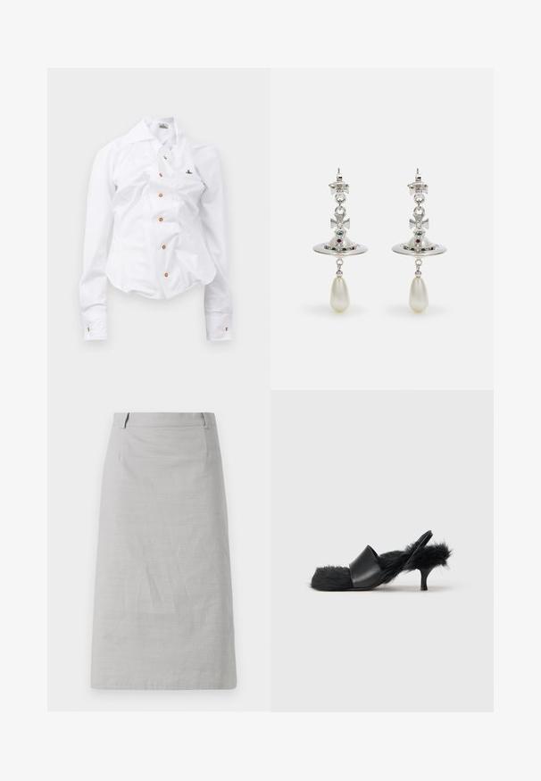 Valkoinen pitkähihaisen paita, jossa on slim fit -muotoilu. Sisältää suuren kauluksen, edessä nappisuljenta ruskeilla nappeilla sekä pienen brodeeratun logon.; Harmahameinen kynähame, jossa on sileä pinta, tiukka muoto ja tasainen vyötärö, jossa on saumat sivuilla eikä näkyviä kuvioita tai koristeita.; Musta avokkaat, joissa on kitten heel -korko ja pehmeää turkista peittävät sisäpohja, kantahihna ja varpaiden alue, sekä sileä nahkainen etuhihna.; Hope hopea, jossa on pyöreä muoto, koristeltu kimaltavilla kivillä ja tipan muotoisella helmipendaatilla. Erityinen muotoilu monimutkaisilla yksityiskohdilla.