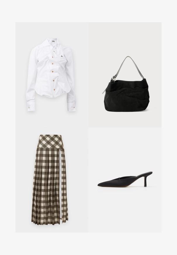White long-sleeve shirt with a fitted design. Features a large collar, front button closure with brown buttons, and a small embroidered logo.; Long, pleated skirt featuring a brown and beige checkered pattern. High waist design with a side slit and soft fabric texture.; Black pointed-toe mule with a sleek design, made of smooth fabric, featuring a slender heel and open back for easy wear.; Black suede bag with a soft, slouchy design. Features a thin, smooth leather shoulder strap and subtle stitching details.