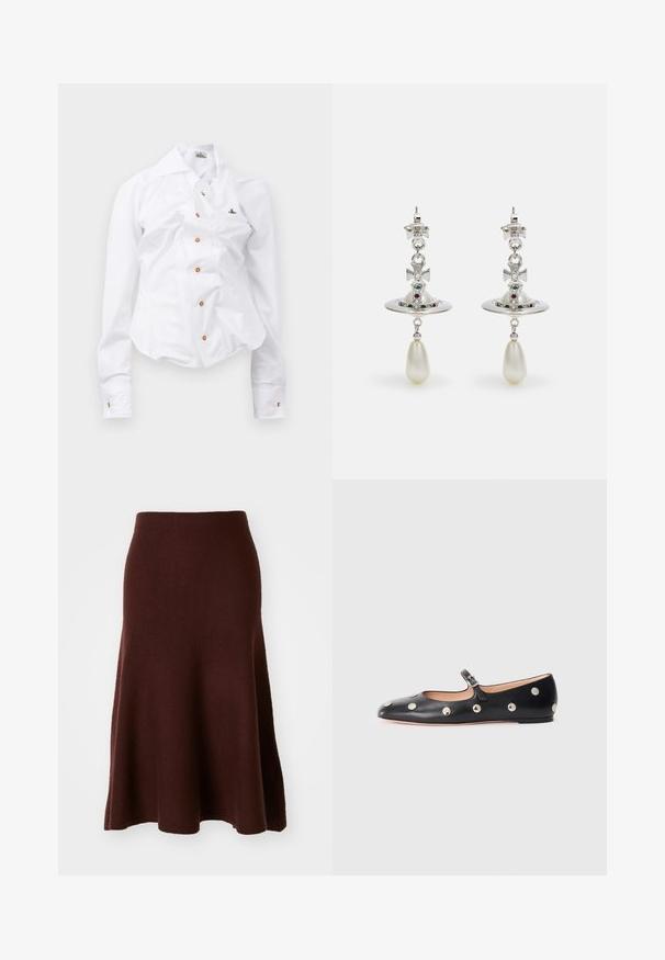 Balts garām piedurknēm krekls ar pieguļošu dizainu. Iekļauj lielu apkakli, priekšējo pogu aizdari ar brūnām pogām un mazu izbrodētu logotipu.; Brūna merino vilnas svārki, A formas, gluda tekstūra, līdz ceļiem ar izplūdušu apakšmalu, minimālas vīles, piemēroti ikdienas nēsāšanai.; Melna ādas Mary Jane līdzena zābaku ar noapaļotu purngalu, kurā ir sudraba apaļie kniedes un regulējama siksniņa ar sprādzi.; Sudraba auskaru dizains ar apaļu gredzenu, rotātu ar mirdzošām akmeņiem un asarveida pērli. Izteiksmīgs dizains ar sarežģītām akcentiem.