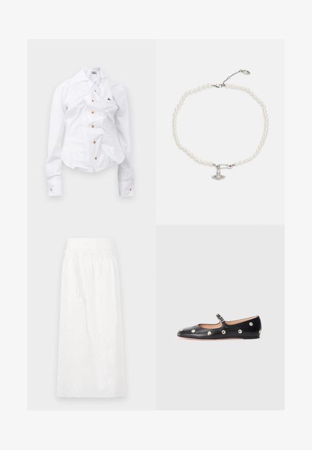 Fehér, hosszú ujjú ing, karcsú szabással. Nagy gallérral, elöl barna gombos záródással, és egy kis hímzett logóval rendelkezik.; Fehér maxi szoknya, rugalmas derékkal, finom virágmintás hímzéssel és légies dizájnnal. Könnyű anyagból készült.; Fekete bőr Mary Jane lapossarkú cipő, lekerekített orral, ezüst színű kör alakú szegecsekkel és állítható pánttal, csattal.; Fekete és fehér gyöngyökből készült gyöngysor, fényes fehér gyöngyökkel, ezüstszínű biztosítótű charm-mal, amelyet tiszta strasszok díszítenek. Rák csat zár.