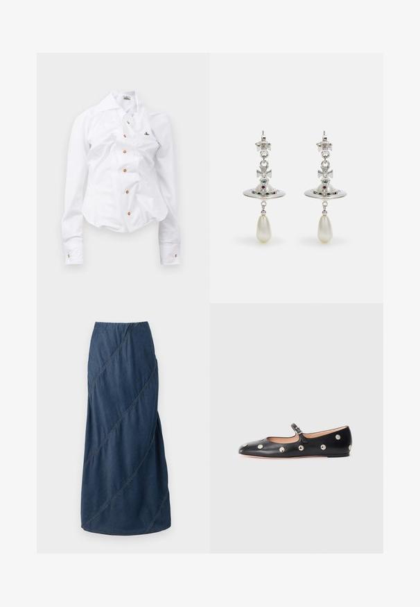 Chemise blanche à manches longues au design ajusté. Dispose d'un grand col, d'une fermeture à boutons sur le devant avec des boutons marron, et d'un petit logo brodé.; Jupe maxi en denim de couleur bleu profond, présentant des motifs de couture diagonaux et une taille élastique pour une forme structurée et fluide.; Chaussure plate en cuir noir type Mary Jane avec un bout arrondi, ornée de clous ronds en argent et dotée d'une sangle réglable avec une boucle.; Boucles d'oreilles en argent avec un anneau circulaire, ornées de pierres étincelantes et d'un pendentif en forme de goutte de perle. Design distinctif avec des accents complexes.