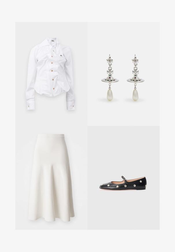 Balts garām piedurknēm krekls ar pieguļošu dizainu. Iekļauj lielu apkakli, priekšējo pogu aizdari ar brūnām pogām un mazu izbrodētu logotipu.; Balta A-line svārki, kas izgatavoti no gluda auduma, ar pieguļošu jostasvietu un izplestu siluetu, kas maigi krīt līdz pusliekam.; Melna ādas Mary Jane līdzena zābaku ar noapaļotu purngalu, kurā ir sudraba apaļie kniedes un regulējama siksniņa ar sprādzi.; Sudraba auskaru dizains ar apaļu gredzenu, rotātu ar mirdzošām akmeņiem un asarveida pērli. Izteiksmīgs dizains ar sarežģītām akcentiem.