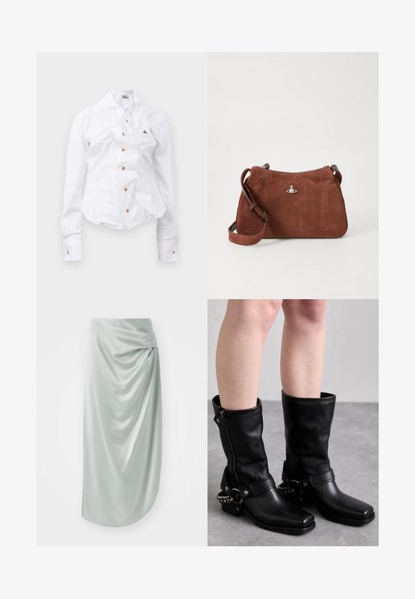 White long-sleeve shirt with a fitted design. Features a large collar, front button closure with brown buttons, and a small embroidered logo.; Light green satin skirt with draped design, mid-length, smooth texture, featuring a side knot detail for added visual interest.; Black leather knee-high boots with a square toe, side zipper, and adjustable strap featuring a metal chain accent. Matte finish and sturdy sole.; Brown suede handbag with a zip closure, adjustable shoulder strap, and silver hardware accent, featuring a subtle textured surface.