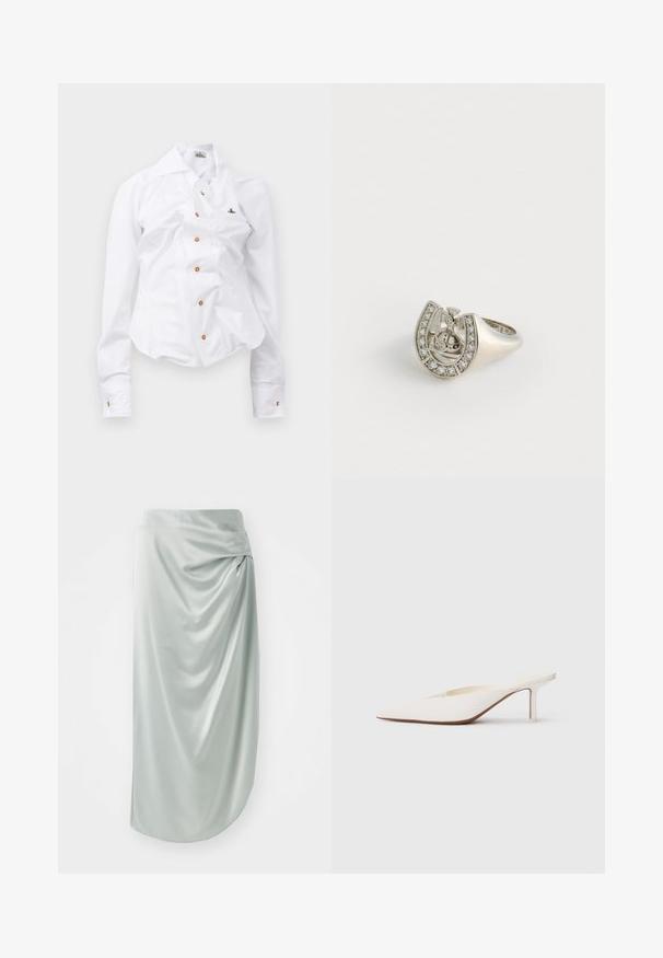 Valkoinen pitkähihaisen paita, jossa on slim fit -muotoilu. Sisältää suuren kauluksen, edessä nappisuljenta ruskeilla nappeilla sekä pienen brodeeratun logon.; Vaaleanvihreä satiinishortti, jossa on ryhdikäs muotoilu, puolipitkä, sileä pinta, ja sivun solmu, joka lisää visuaalista kiinnostavuutta.; Valkoiset, teräväkärkiset muulit matalalla stiletto-korolla. Valmistettu sileästä materiaalista, minimalistisella muotoilulla ja hienovaraisella ruskealla pohjadossilla.; Hopeaketju hopeasta, joka on muotoiltu horseshoen kaltaiseksi, koristeltu pienillä kirkkailla gemmeillä ulkoreunassa ja keskipisteessä ristimuotoilu.